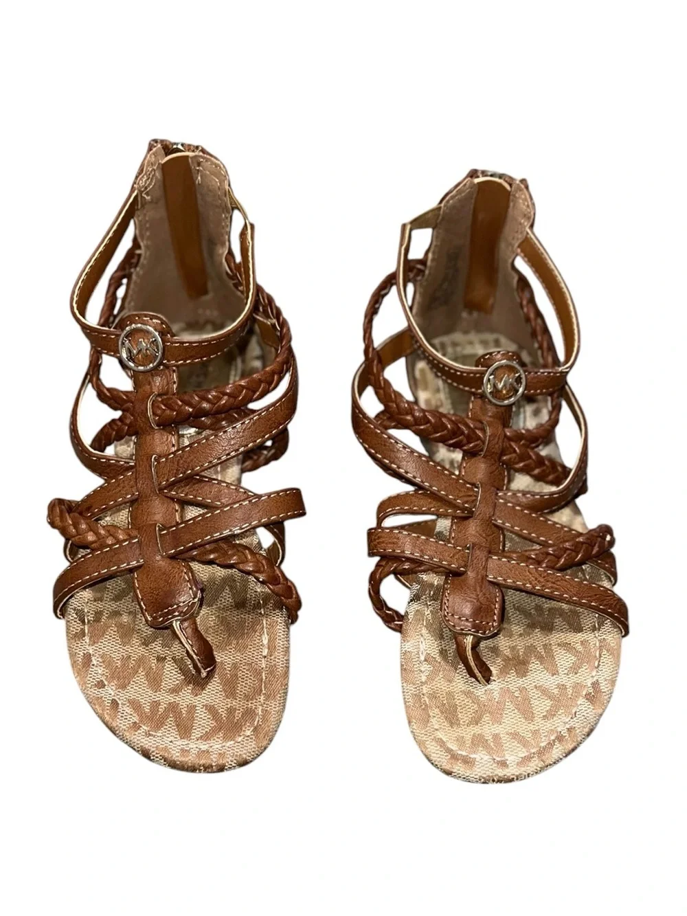 Michael Kors Girls Tatia Cognac Braided Gladiator Sandals Zip Back MK Logo S 13